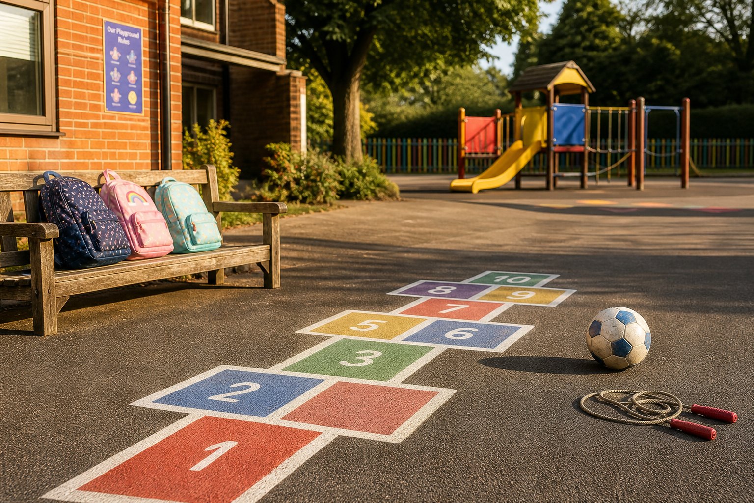 A sunny school playground ready for after-school games