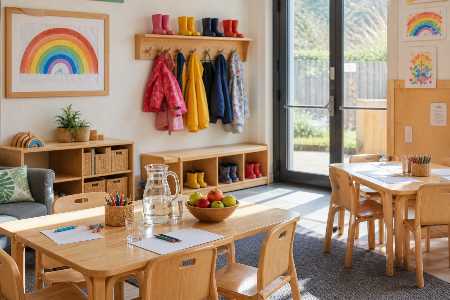 A welcoming out of school care room set out for play and learning